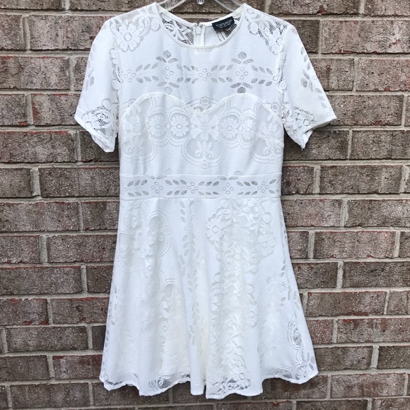TOPSHOP Ivory/Cream Short Sleeve Floral Lace Dress | M - Picture 6 of 16